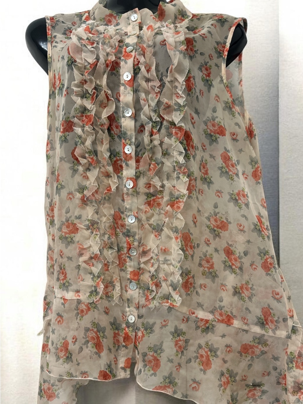Point Zero Sheer Sleeveless Floral Ruffle Blouse in Beige and Coral